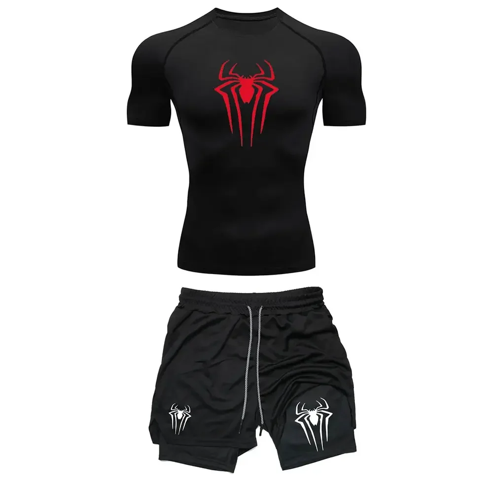 Compression training sportswear men's set, spider print running fitness T-shirt, breathable running shorts, quick drying exercis