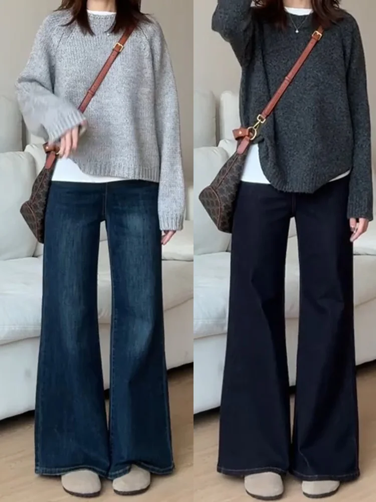 Pantalones vaqueros de talla grande con forro de Fce, color azul profundo, Micro acampanado, para mujer, Otoño Invierno, cintura alta, adelgazantes, pierna ancha, campana Bot