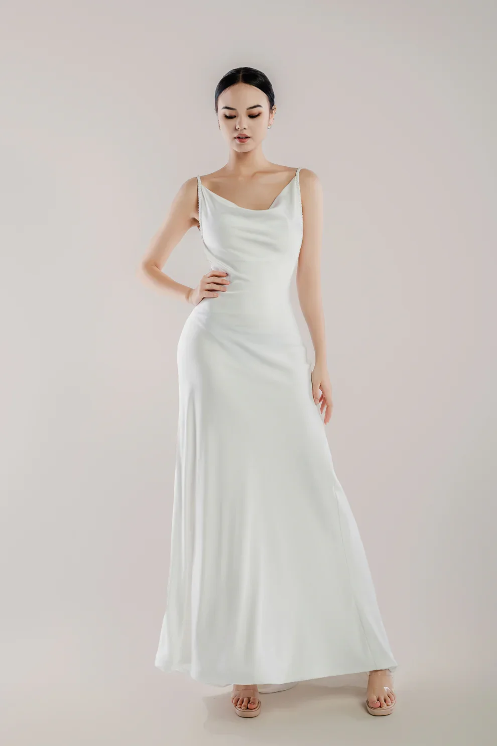 

Customized Bridal Gown Elegant Backless Cowl Neck Satin Slip Wedding Dress With Spaghetti Straps and Sweep Train