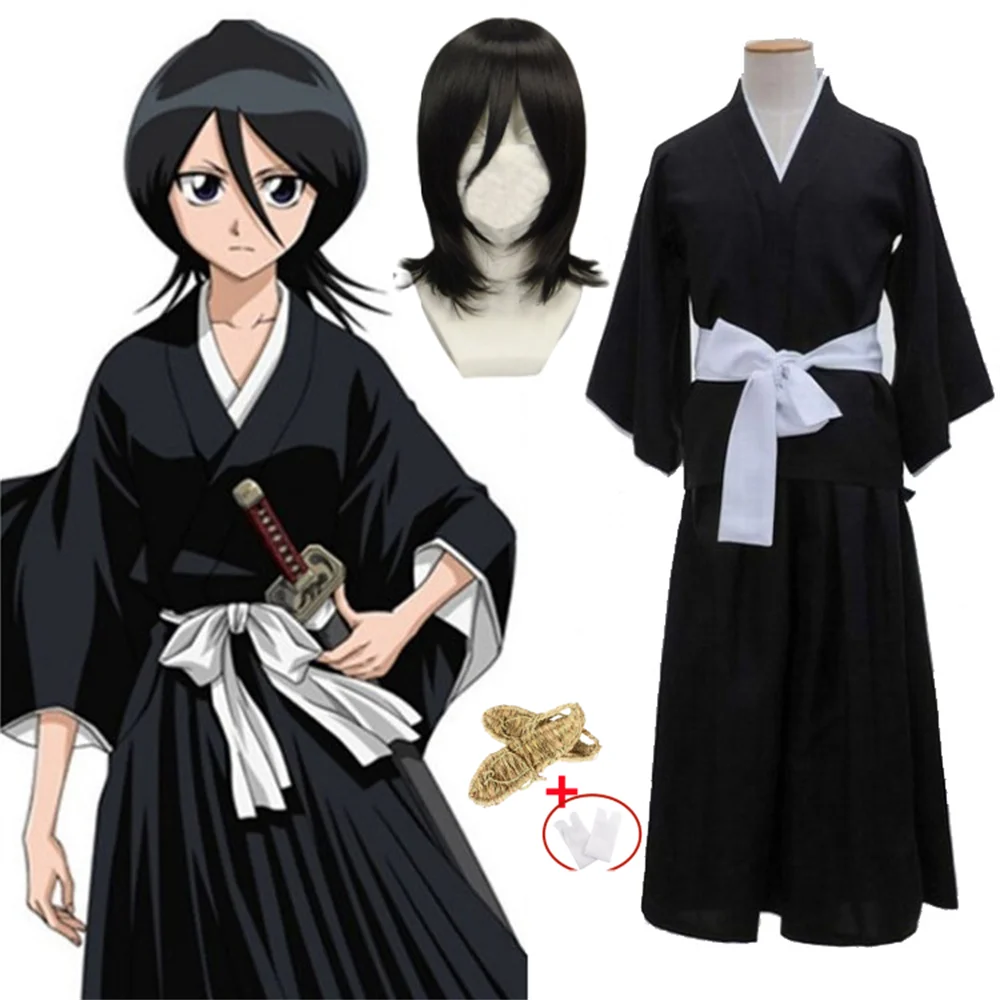 BLEACH Kuchiki Rukia Shinigami 코스프레 코스튬 가발 신발 세트, 애니메이션 할로윈, 여성 남성 의류