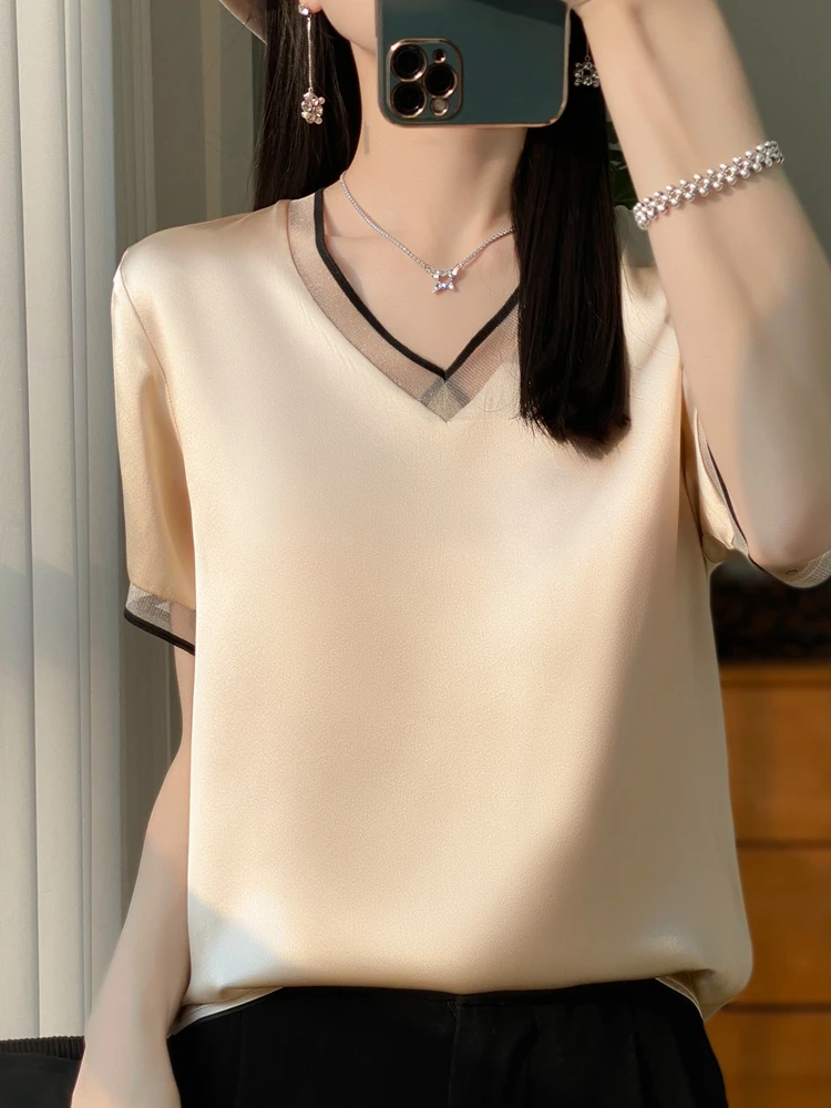 Women silk Oversized T- Shirt V Neck Casual satin Tees Summer Solid Champagne Loose T-Shirt Fashion New Style Elegant DiscountsT
