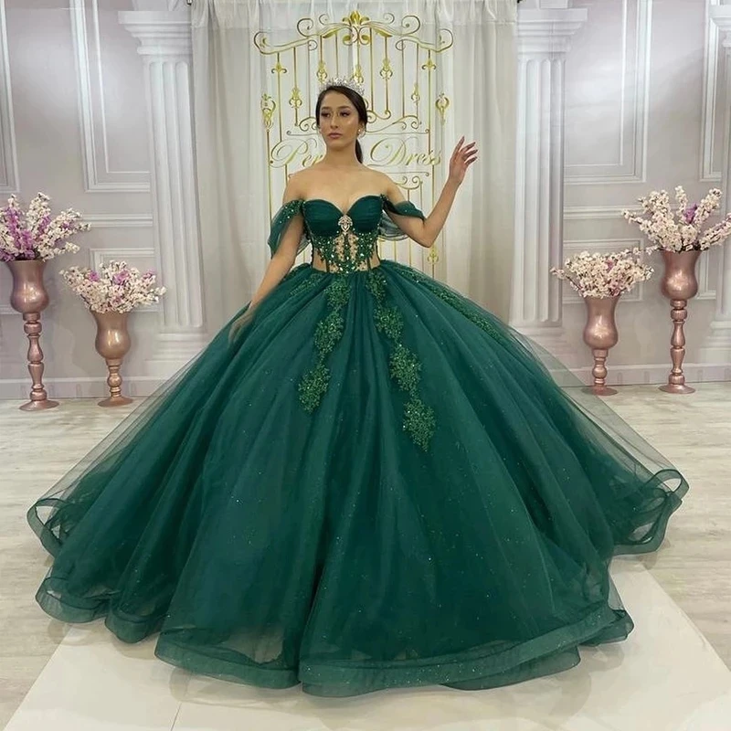 ANGELSBRIDEP Green Glittering Luxury Crystal Quinceanera Dresses Off Shoulder Birthday Party Ball Gown Vestidos de 15 años