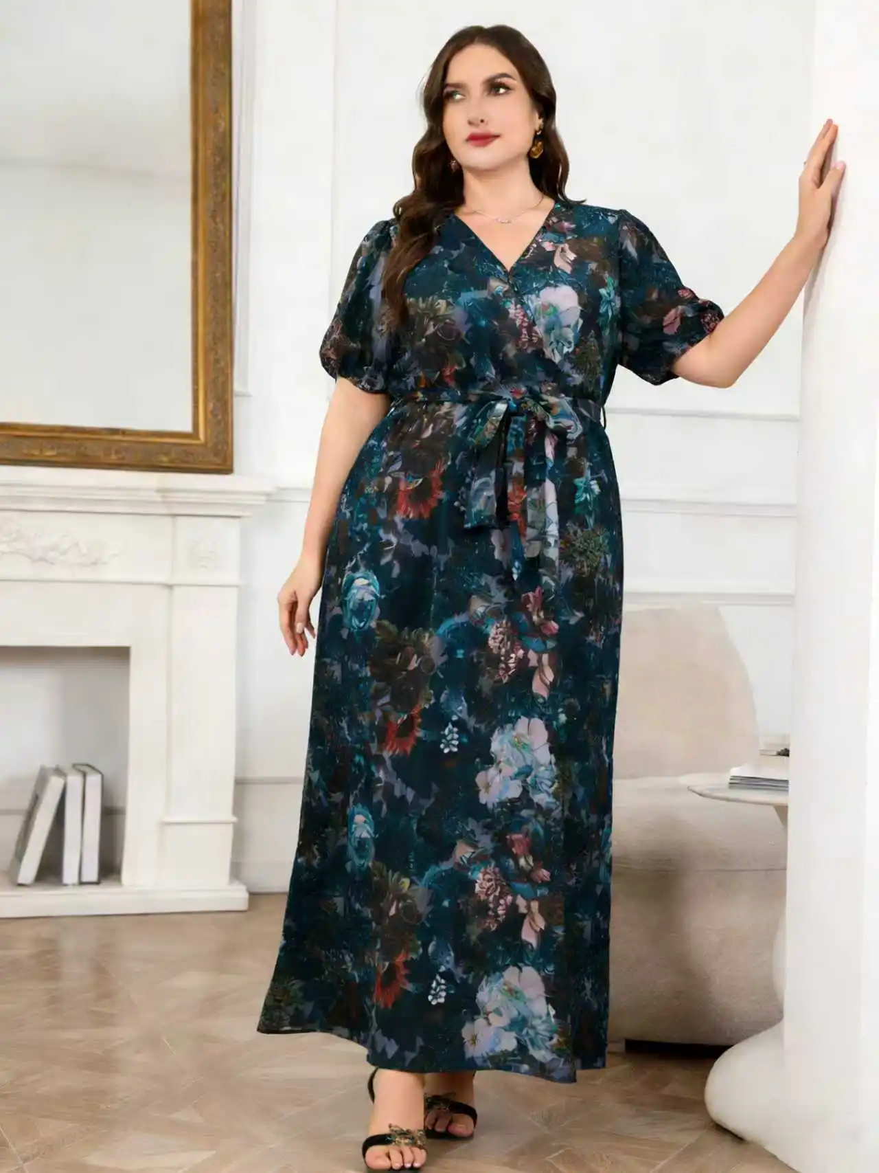 2026 New Arrival Plus Size Women Dark Floral Dress Wrap V Neck Puff Sleeve Tie Waist Long Flowy Chiffon Maxi Dress Daily Party W view 2