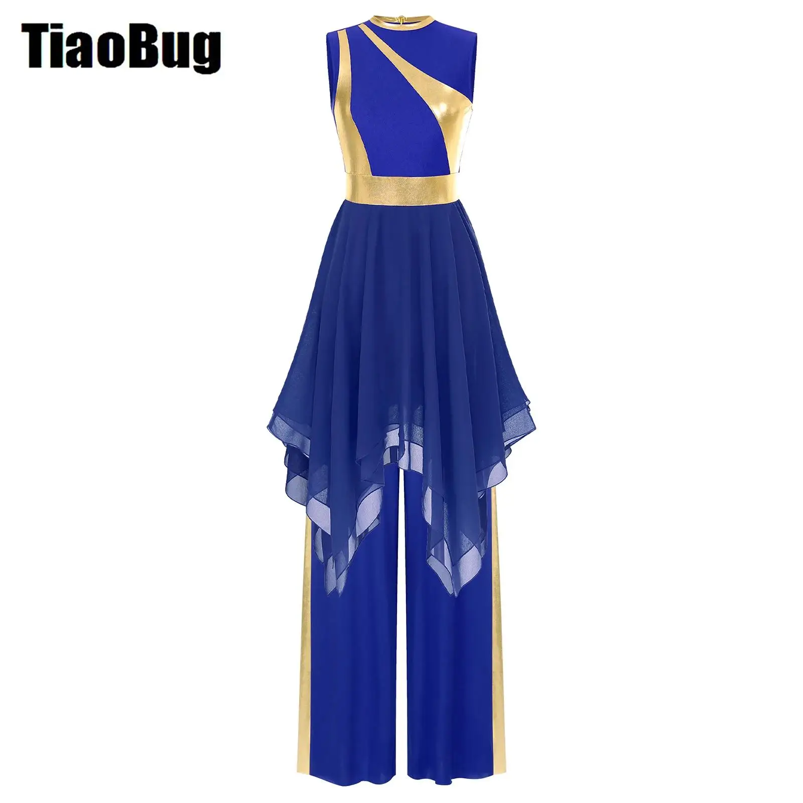 Womens Lyrical Dance Sets Sleeveless Irregular Hem Color Block Modern Dress with Metallic Patchwork Wide-Leg Pants