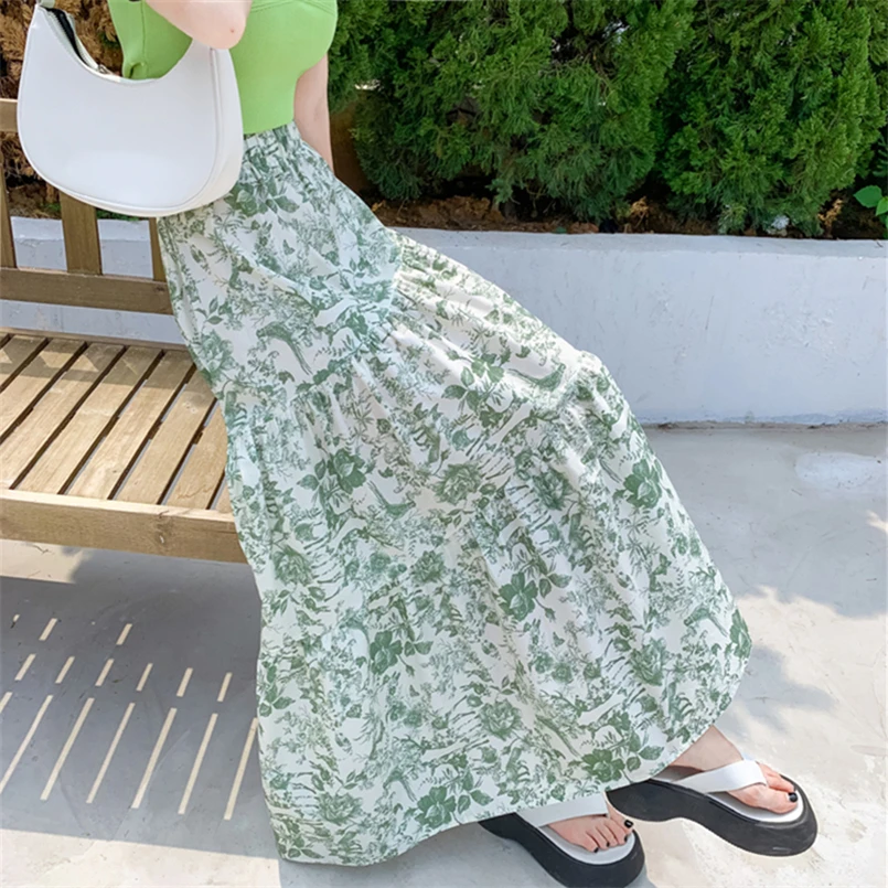 Décontracté taille haute jupes amples femmes été vert imprimé fleuri volants jupes longues bureau dames mode jupe élégante robes