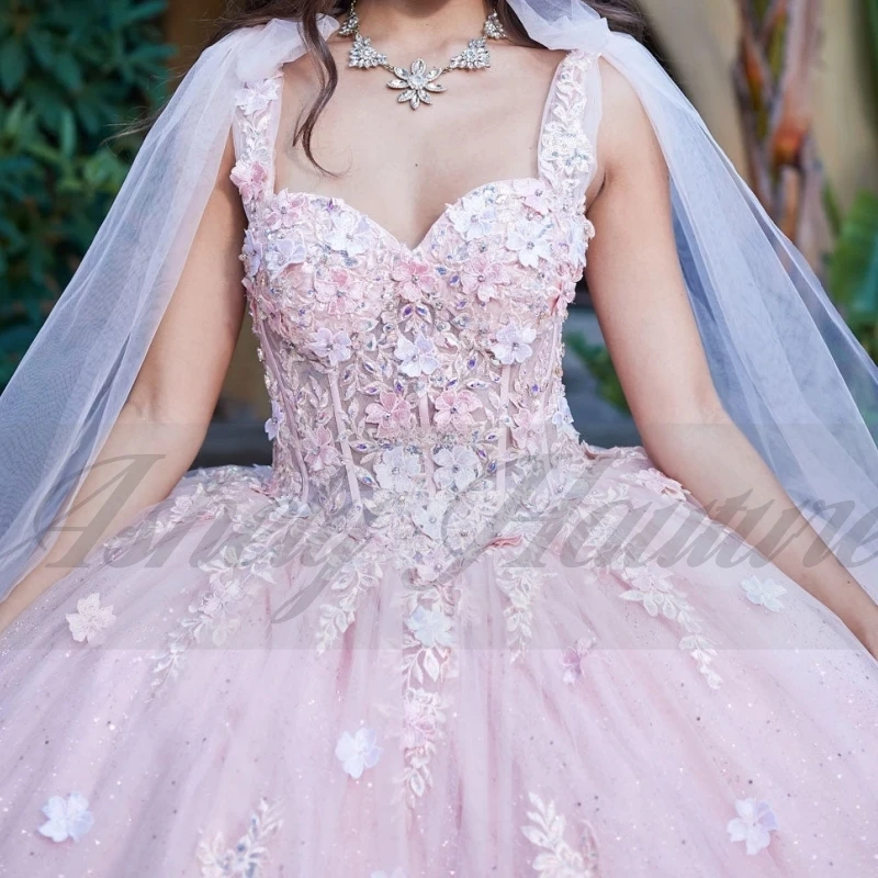 우아한 블러쉬 핑크 공주 소녀 Quinceanera 드레스 레이스 Applique 볼 가운 파티 파티 vestidos de 15 quinceañeras Customized