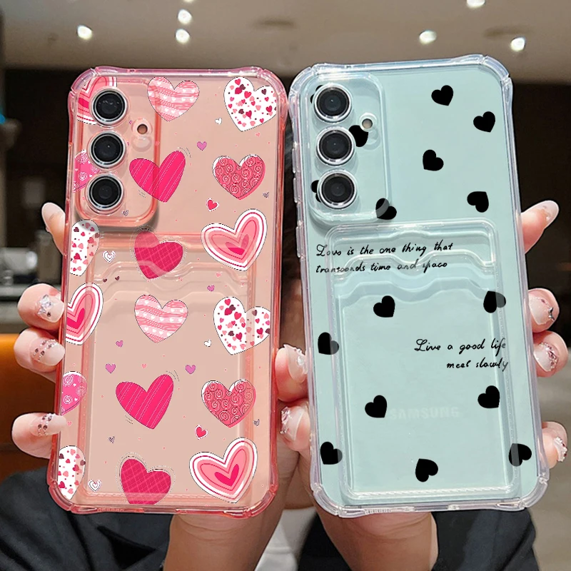 Card Bag Phone Case For Samsung Galaxy S26 S25 S24 Ultra S23 S25 FE A57 A37 A17 A56 A55 A16 A54 Love Heart Print Soft TPU Cover