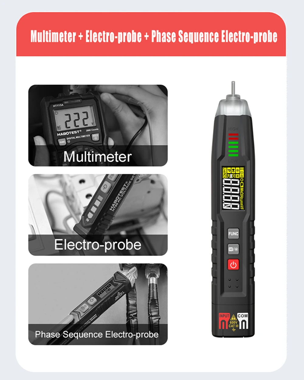 Digital Multimeter Pen Type Meter 4000 Counts True RMS with Non Contact AC/DC Voltage Resistance Capacitance Hz Tester Tool