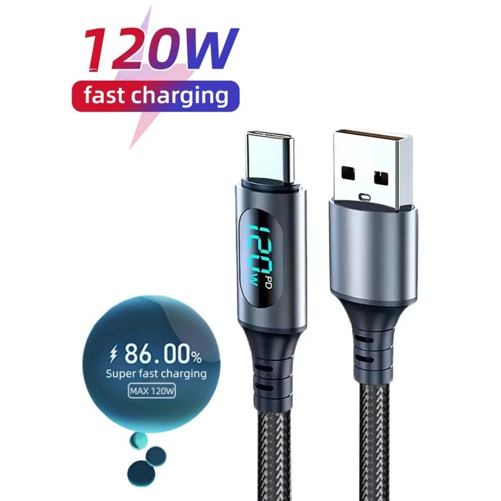 6A 240W USB To Type C Fast Charge Data Cable With Led Digital Display For Xiaomi iPhone Huawei Samsung Nylon Braided Data Cord