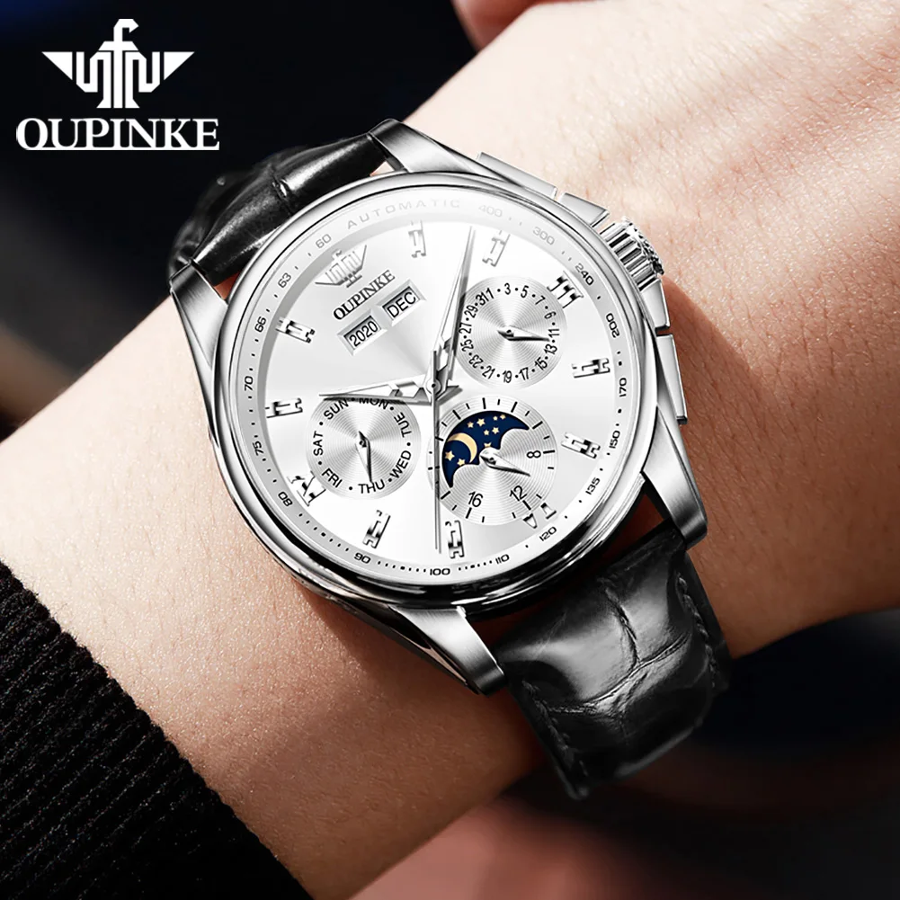 OUPINKE Luxury Men‘s Watch Chronograph Automatic Mechanical Watches Leather Band Waterproof Moon Phase Wristwatch 2023 Top Brand