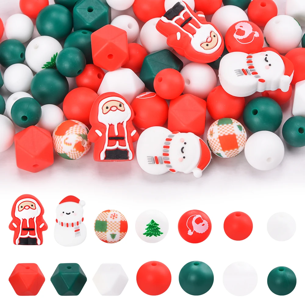 LOFCA 64pcs Christmas Silicone Focal Round Beads Silicone Six sides Beads Set Use DIY Necklace Bracelets Accessories for jewelry