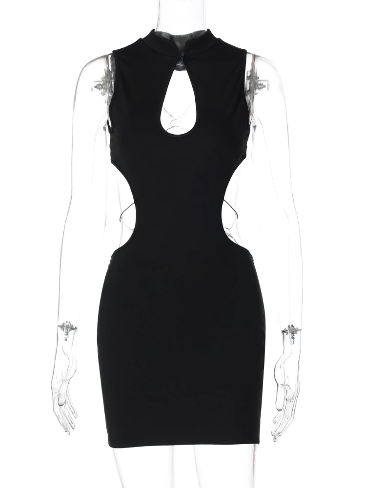 فستان قصير مثير بدون ظهر من FDYOUI ملابس خروج نسائية بدون أكمام على شكل فراشة معدنية مقصوصة باللون الأسود للحفلات والنوادي الليلية