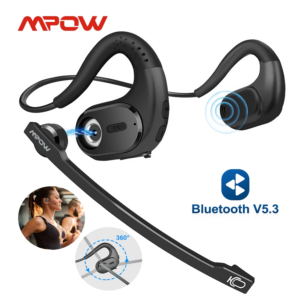 Mpow G9 Bluetooth 5.3 Open Ear Headphones with Removable Microphone Noise Cancelling Air Conduction Headset with 12H Playtime