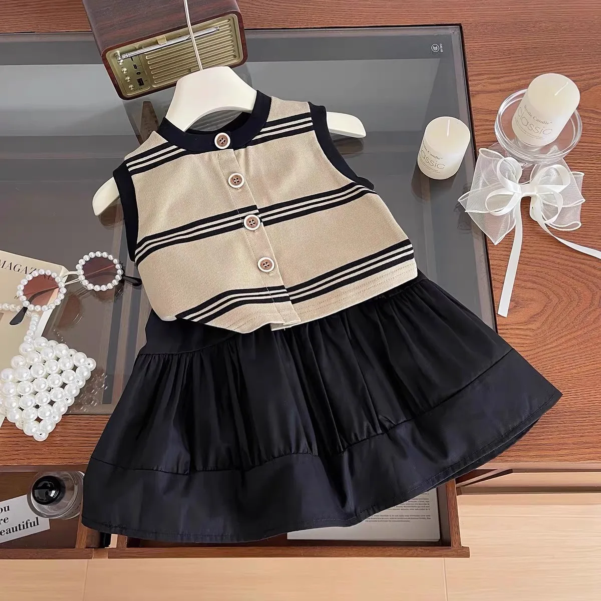 Girls' Korean Style Cotton Striped Sleeveless Vest and Puffy Skirt Summer New Girls' Casual Kids 2 Piece Set