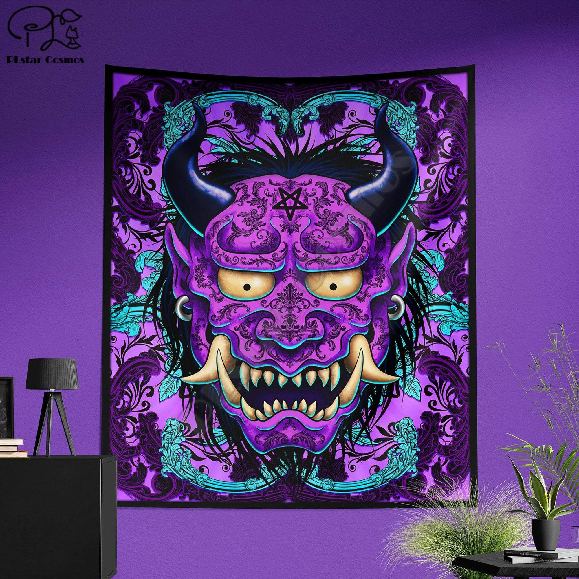 Pastel Goth Tapestry, Oni Wall Hanging, Japanese Demon, Anime and Gamer Home Home Decor, Art Print - Black & Purple