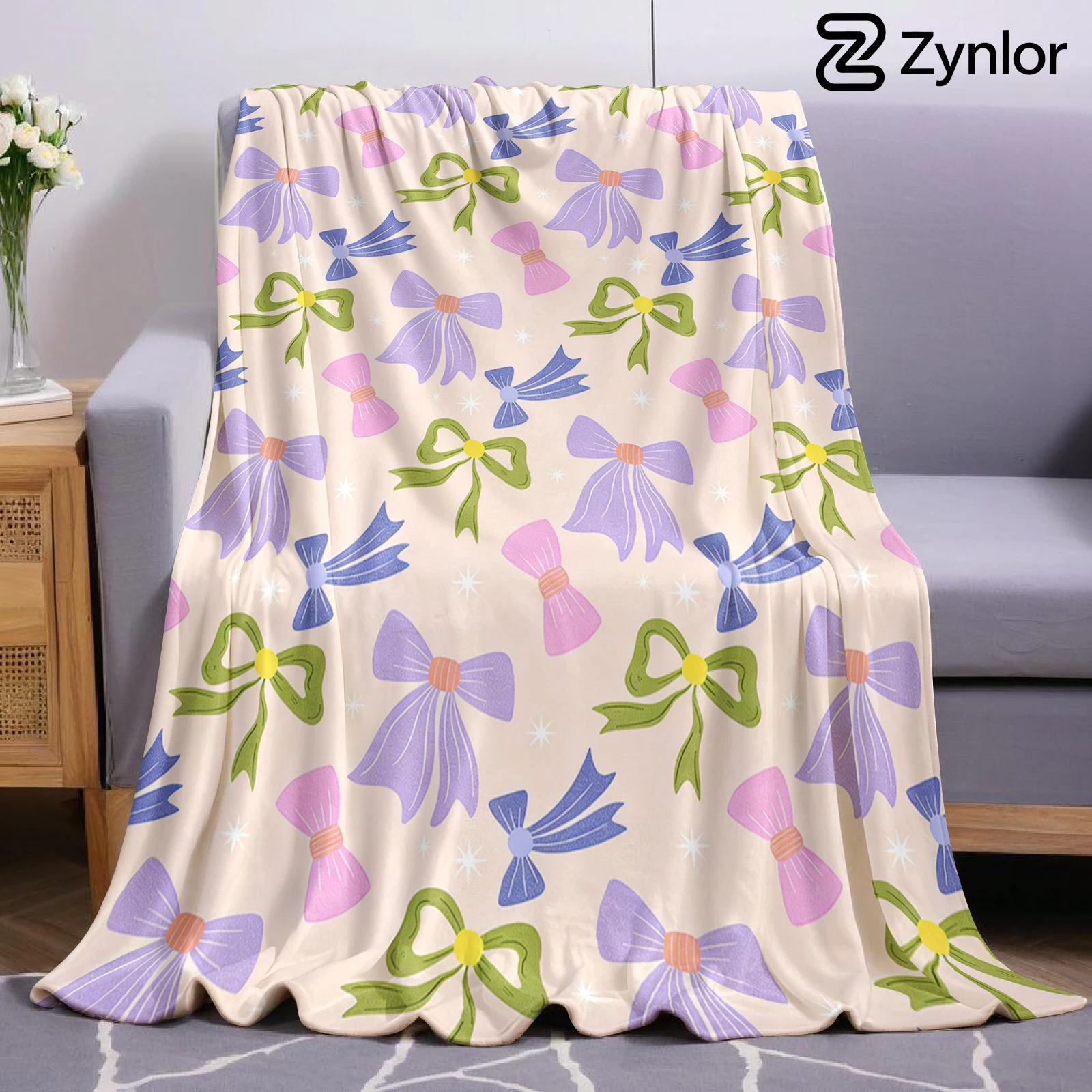 Pastel Bow Sparkle Lightweight Microfiber Flannel Blanket Soft Warm Cozy Throw All Season for Bed Sofa Office Travel Gift