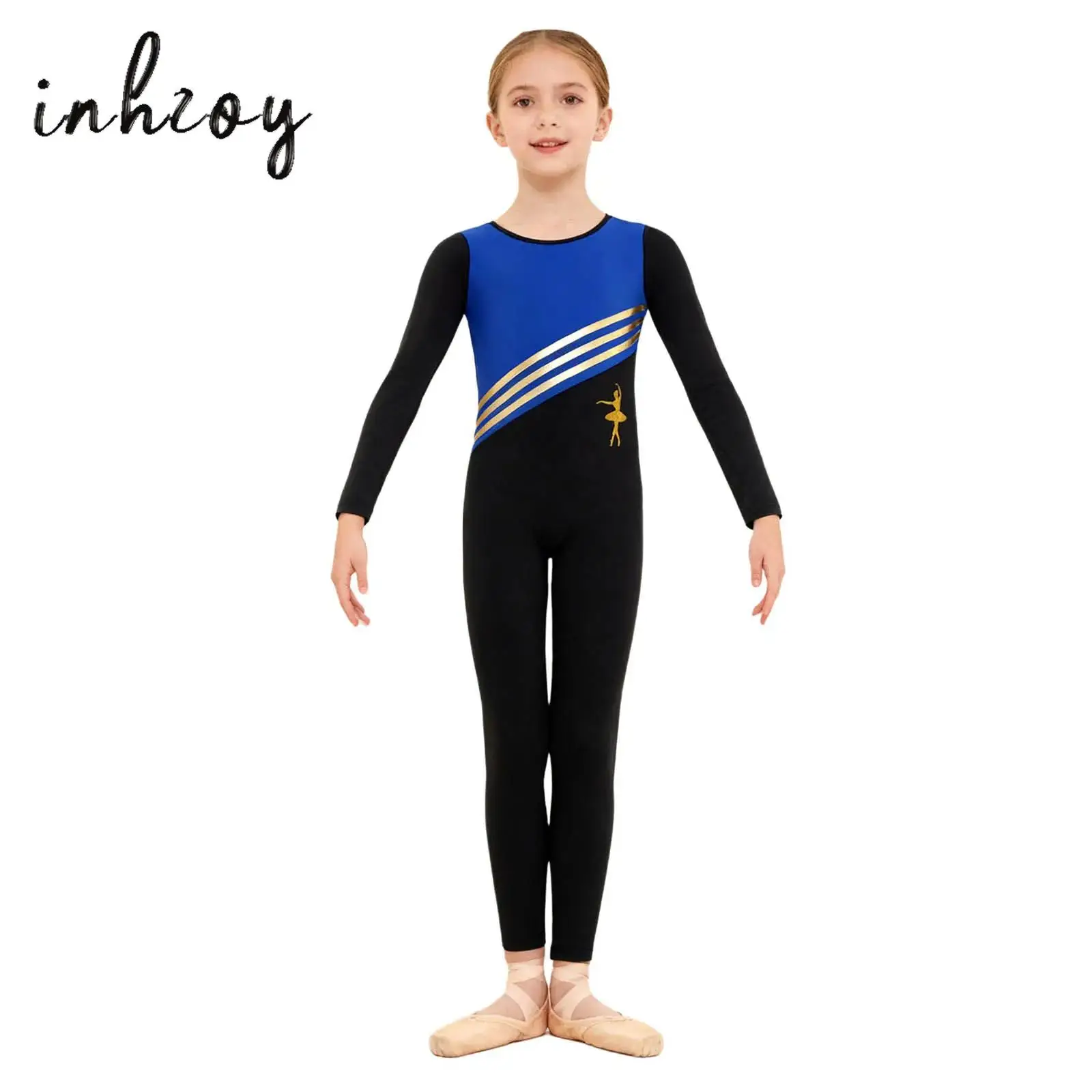 

Kids Girls Athletic Gymnastics Bodysuit Fleece Lined Long Sleeve Color Block Legging Jumpsuit Leotard Training Clothes Dancewear