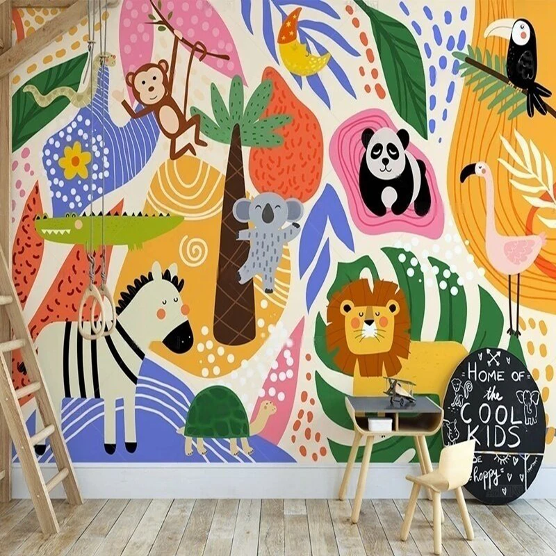 

Custom Nordic Instagram hand-drawn cartoon forest cute animal park children's indoor TV bedroom home decoration background wall