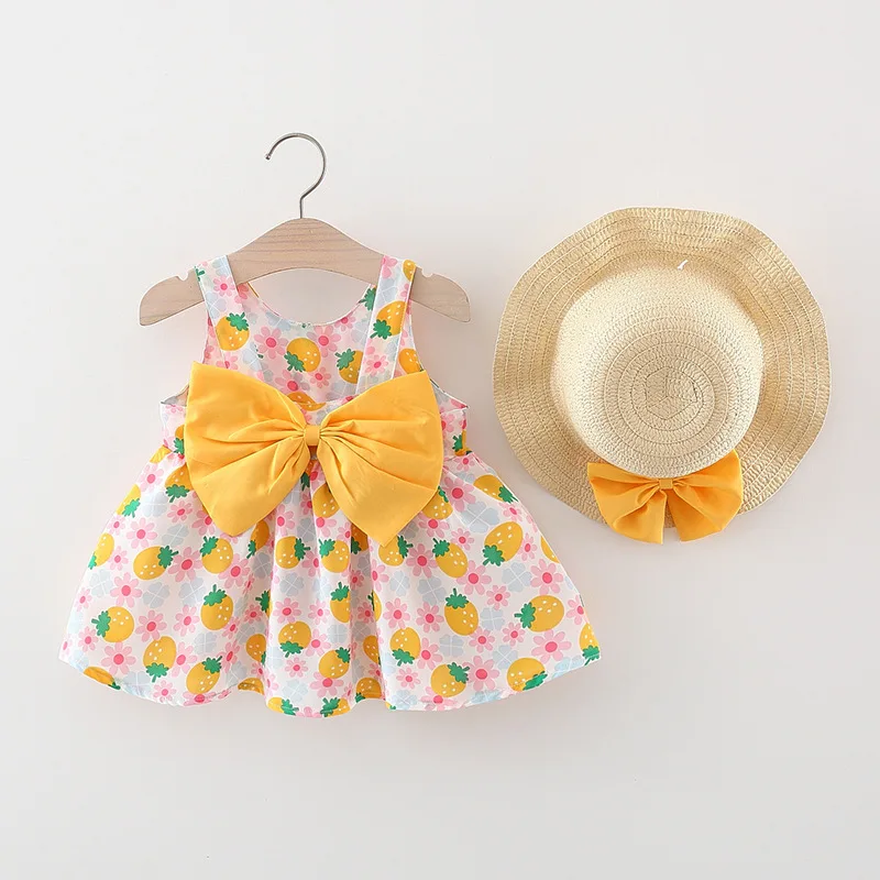 Summer New Girl\'s Round Neck Sleeveless Dress Children\'s Full Print Cute Big Bow Princess Dress and Hat Two Piece Set