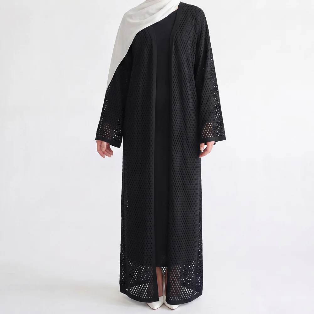 Elegant Hollow-Out Knit Abaya Muslim Women Outerwear Relaxed-Regular-Fit Drop Shoulder Duster Hijabi Modest Islamic Clothing