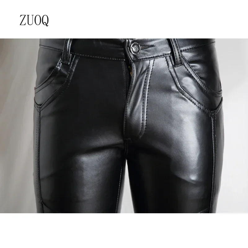 Personality Men\'s Leather Pants Slim Male Clothing PU Trousers Nightclub College Party Skinny Biker Streetwear