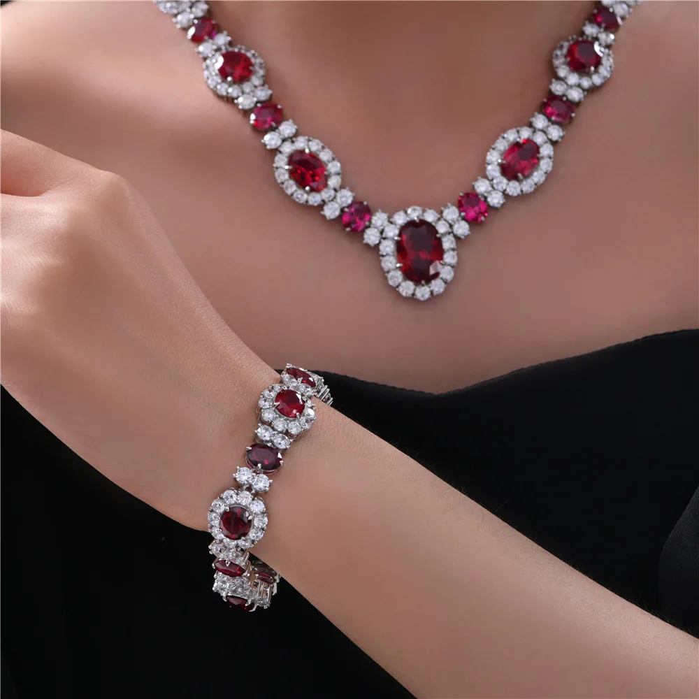 Ables Chic Solid Silver Simulated Ruby Oval Gemstone Floral Bracelet  Wedding Bling Bracelet S2R1S2B0101