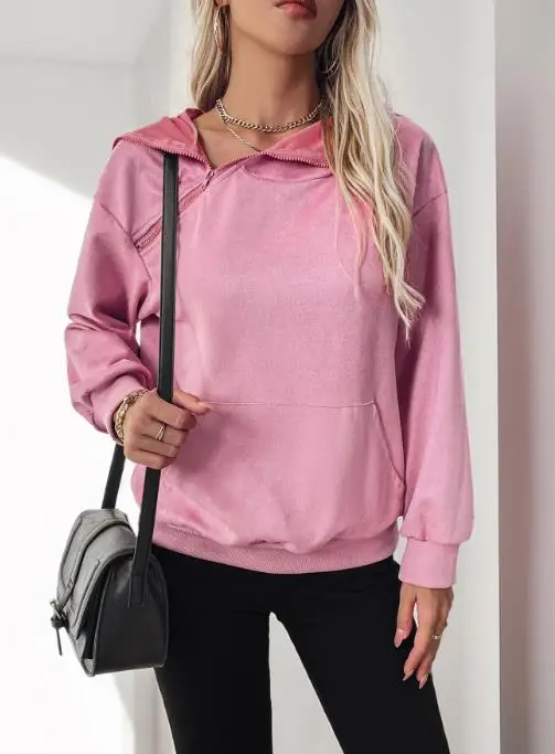 

Fresh and Sweet Wind Diagonal Zipper Velvet Solid Color Women's Hoodie Autumn Casual Solid Color Long Sleeve T-Shirt Top