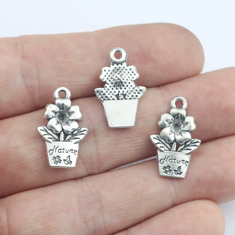 20pcs/lot 13*20mm Antique Silver Color Flower Charm Potted Plants DIY Neckalce Bracelet Jewelry Finding