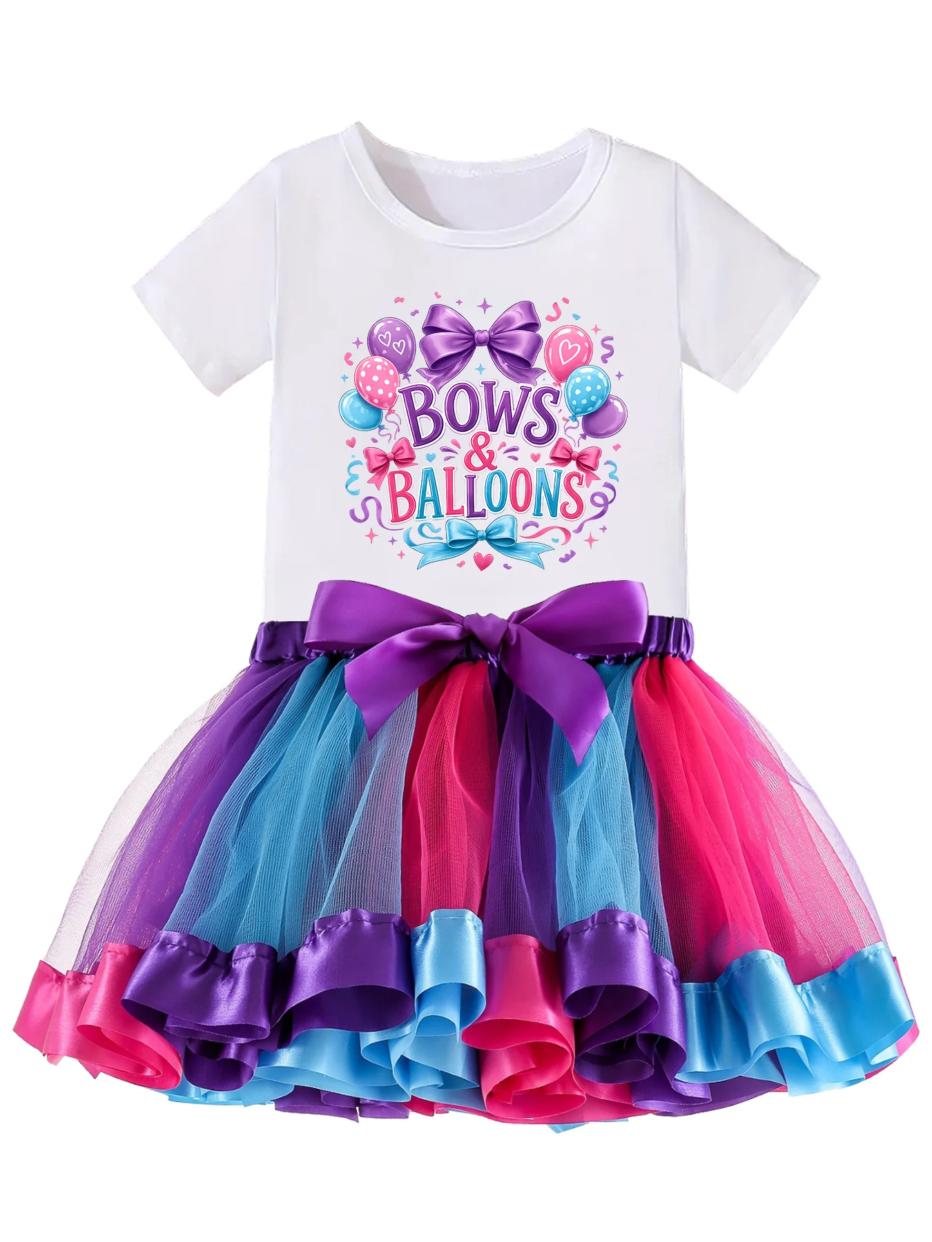 Girls Bows & Balloons Birthday Outfit 2Pcs Short Sleeve Print T-shirt+Ribbon Trim Colorful Tutu Skirt Toddler Girl Princess Part