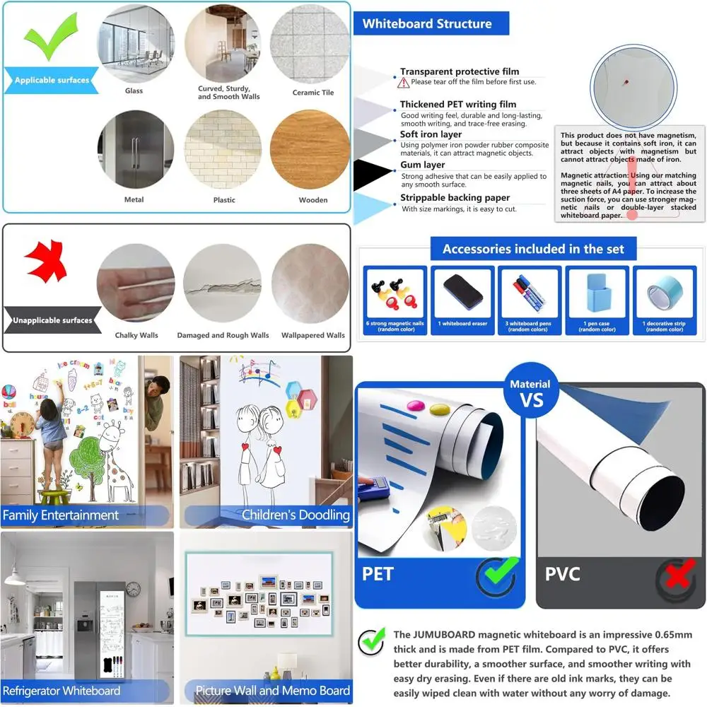

55x27-дюймовая магнитная пленка для доски для сухого стирания — клейкая основа, в комплект входит маркер, ластик и магниты для офиса, класса, дома U
