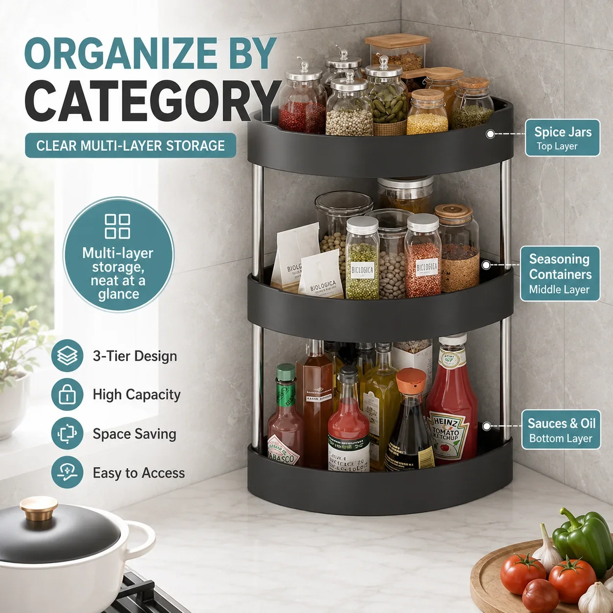 2/3Tiers Kitchen Desktop Corner Spice Rack Plastic Triangle Countertop Storage Shelf for Condiments Bottles Pantry Organizer - view 5