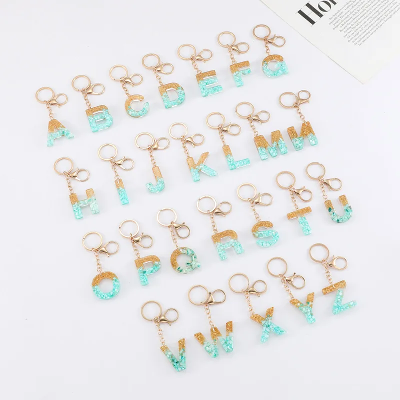 New Versatile Green Stone Resin Keychain With 26 English Letters Pendant And Small Gift Wholesale