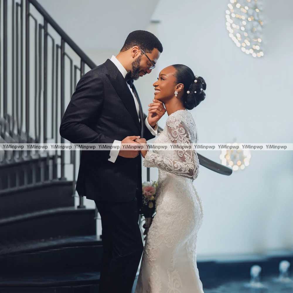 Gorgeous Lace Wedding Dress Customized Full Sleeve Sweetheart Applique Sweep Train Mermaid Woman Bridal Party Gown Bride