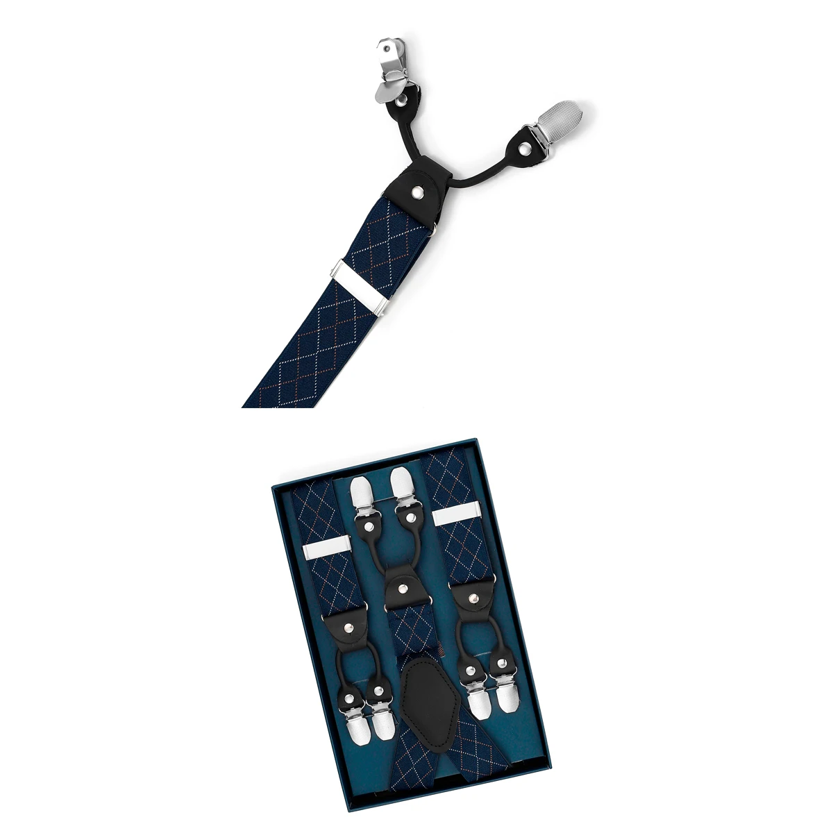 Estilo a cuadros azul marino retro británico, accesorios para pantalones de traje de caballero con seis clips para hombre, tirantes antideslizantes.