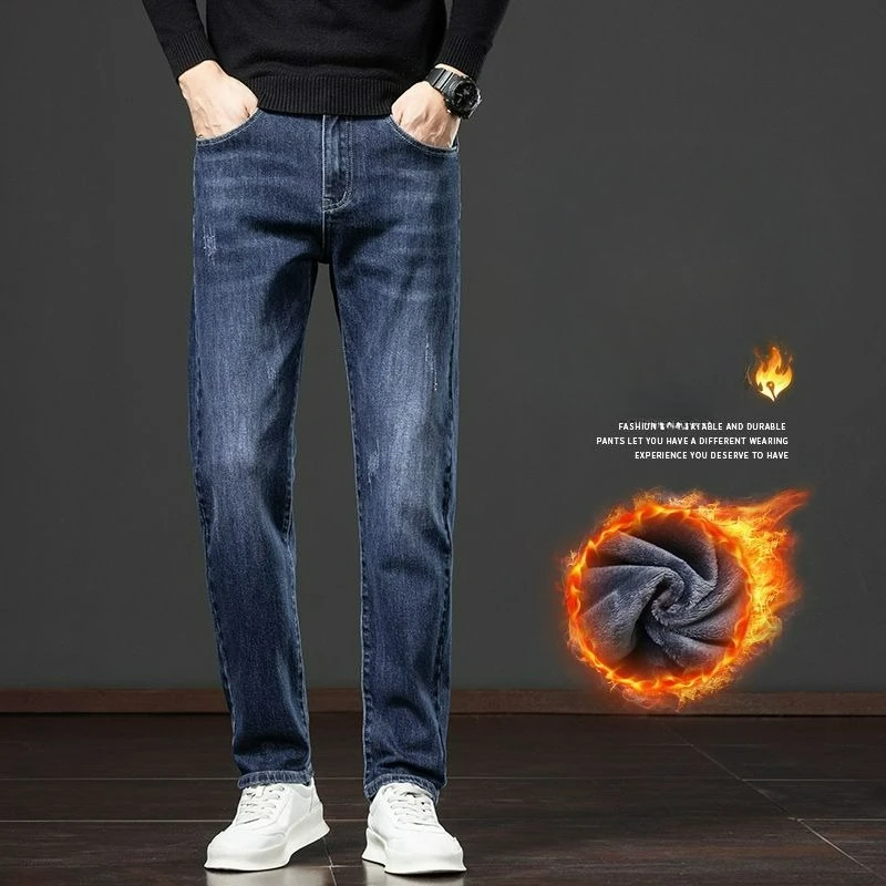 الرجال مستقيم فضفاض صالح جينز سترتش 2025 الخريف الشتاء النمط الكلاسيكي الأعمال عادية الشباب سميكة الدينيم الجينز تنوعا