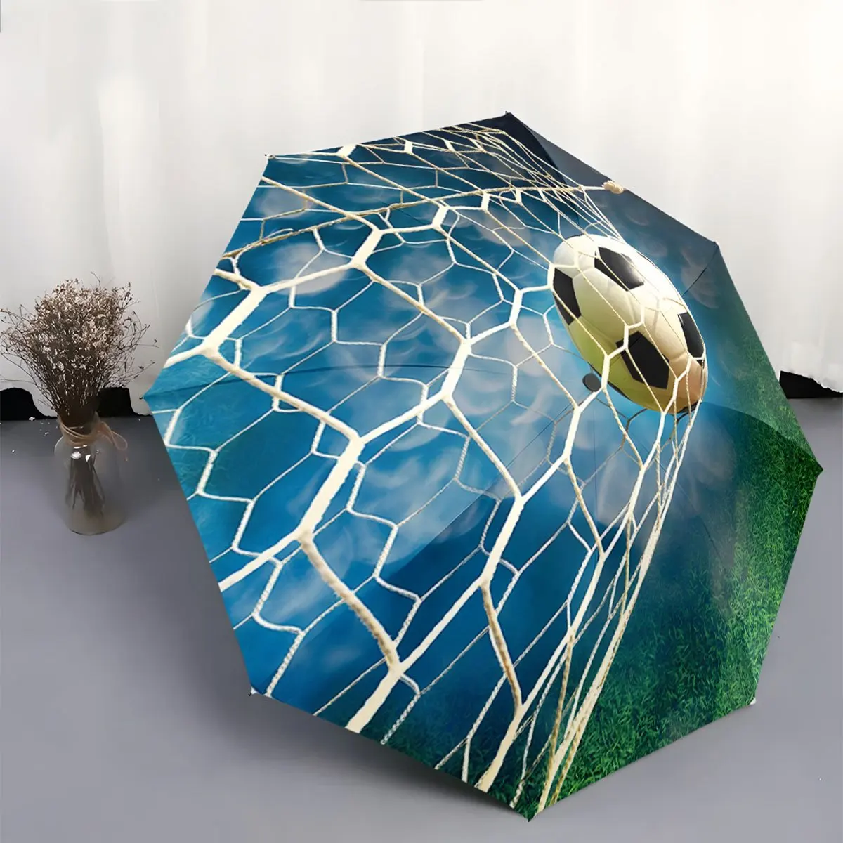 

Portable Folding Umbrella with Soccer Ball & Net Design - 8-Rib Automatic Open/Close, Lightweight Compact Travel Umbrella with