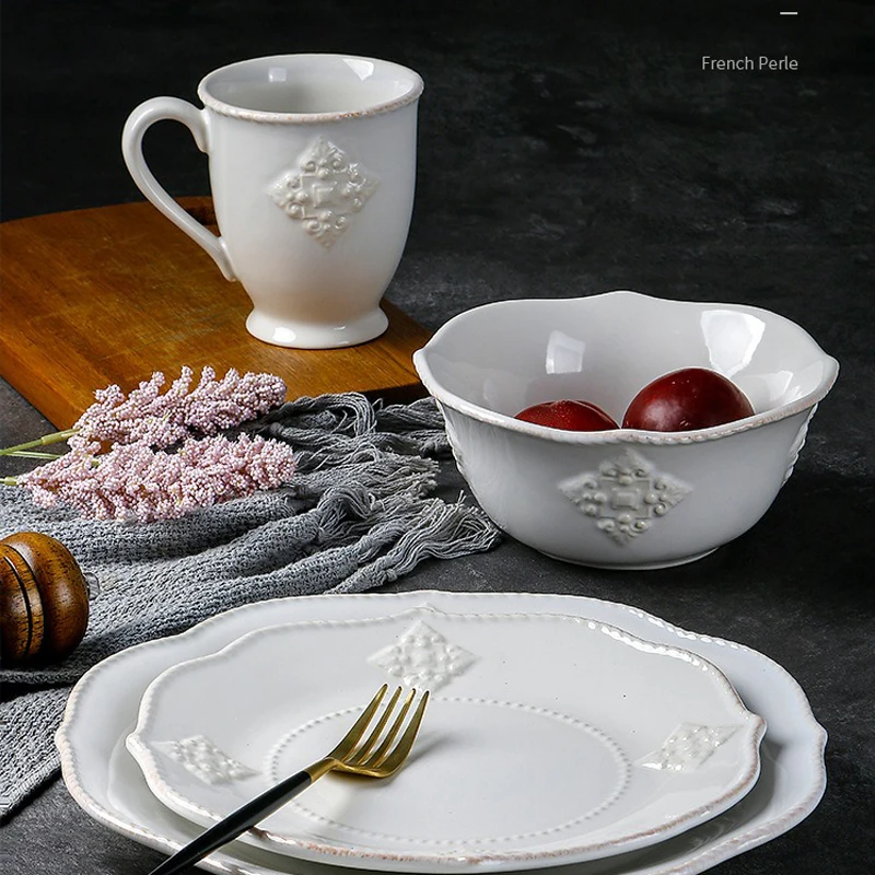 Creative Relief White Dinner Plate Nordic Classical Angular Relief Ceramic Plates Afternoon Tea Fruit Salad Bowl Mug Tableware