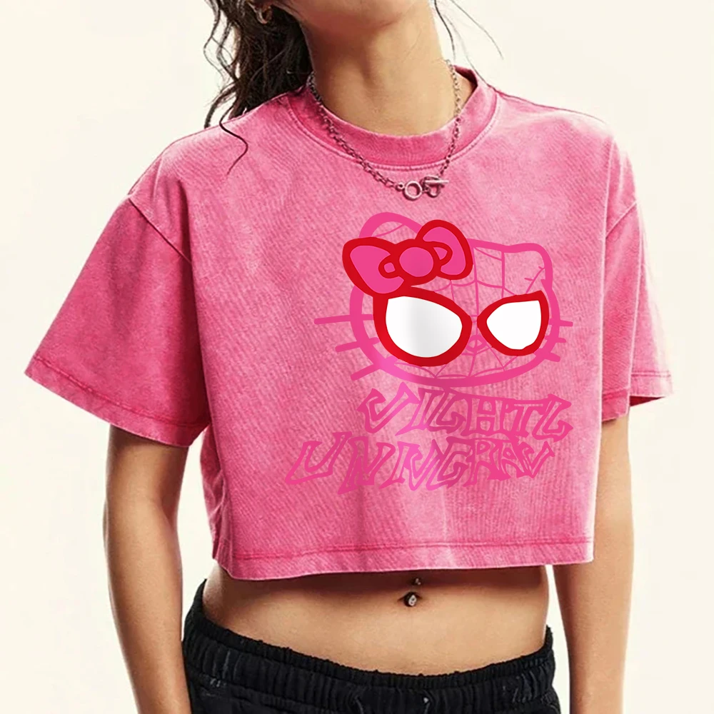 Sanrio Spider Man Hello Kitty Girl Tee Shirt Summer American Retro Cotton Casual Tshirt popolare Lovely Tees allentati Short Tops