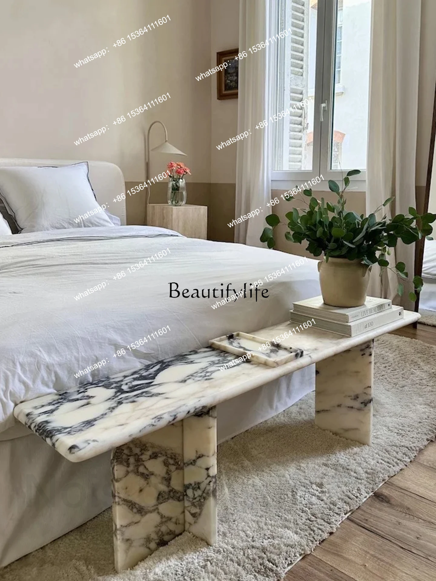 

Modern simple light luxury luxury stone marble long bedside stool villa luxury bedroom