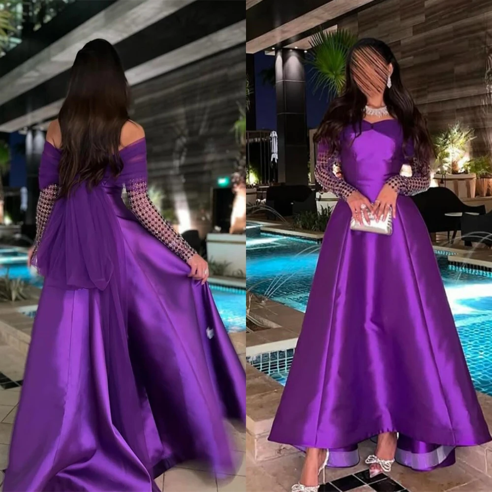 

Customized Delicate Purple Satin Evening Dress Exquisite Sweetheart Cap Sleeve Long Sleeves Cocktail Dress Formal Party Dress