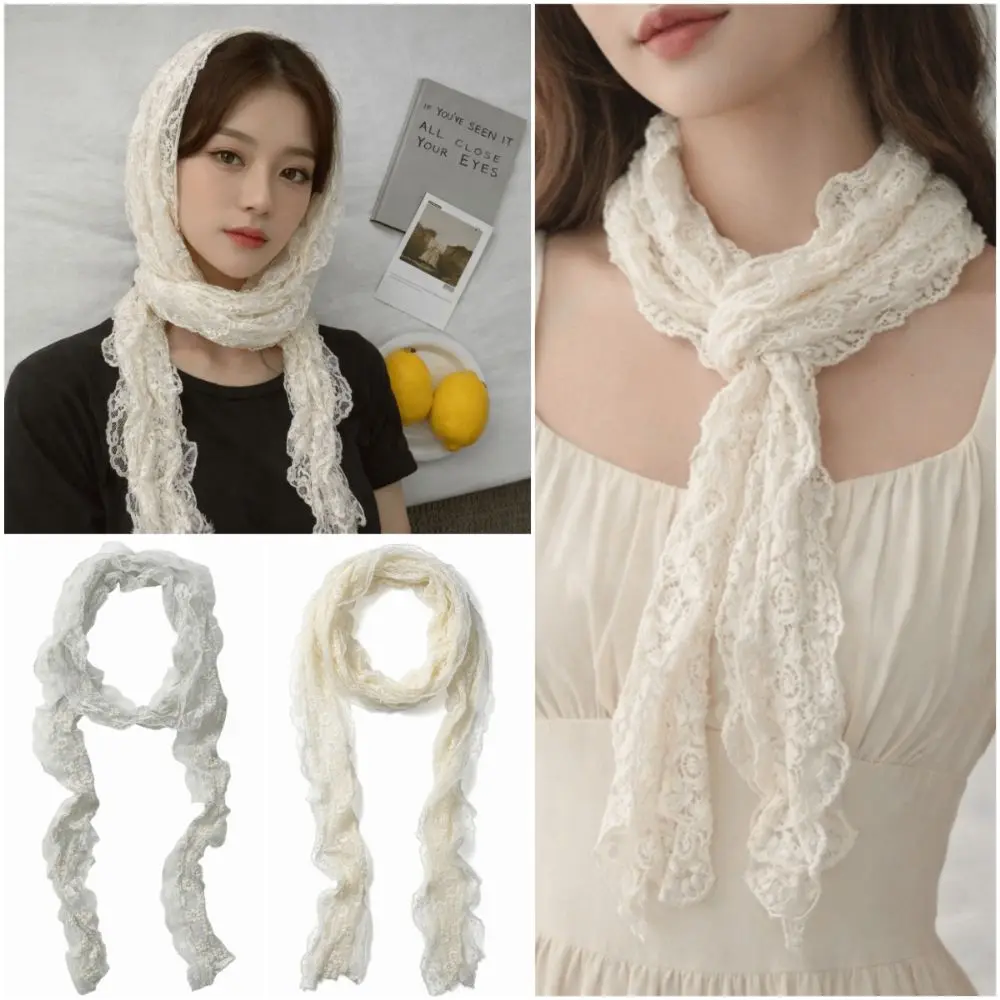 Trendy Flower Lace Neck Scarf Lace Edge White Beige Ribbon Headband Versatile Long Slim Hairband Photo Props