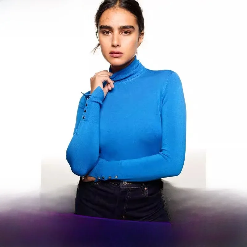 Suéter de Cuello Alto con Hebilla Metálica para Mujer, Estilo Dulce, Manga Larga, Largo Regular, Color Sólido, Nuevo Estilo O...