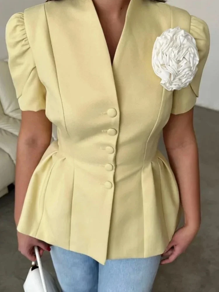 HH Elegant Solid Blazer For Women Autumn Short Sleeves Pleated V-neck Single-breasted 3D Flower Decoration Vintage Coats