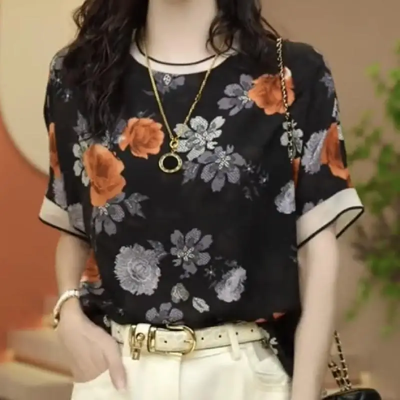 2025 Summer New Casual Chiffon Shirt Short-sleeved Slim Top Fashionable Fashionable Pullover