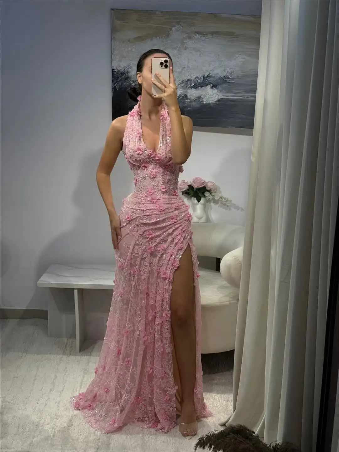 Nuevo diseño Halter apliques flores 3D cuello en V cintura plisada abertura lateral ilusión delgada sirena vestido de fiesta Formal de graduación de noche