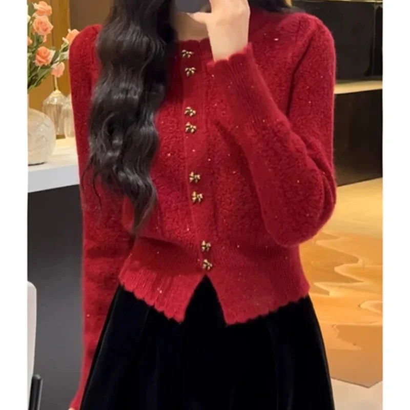 Women's Clothing Basic Solid Elegant Bow Button Slim Wool Knitted Cardigan Winter Temperament O-neck Soft Red Sweaters E4685