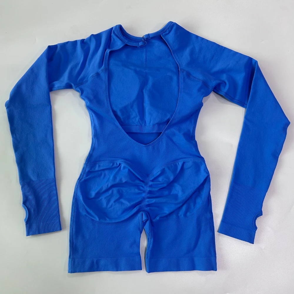 Pericic Langarm-Einteiler Yoga-Bodysuit für Damen, Nahtloses Outfit-Set, Fitnesskleidung, Workout-Shorts, Jumpsuit, Rückenfreies Gym-Set – Detail 20