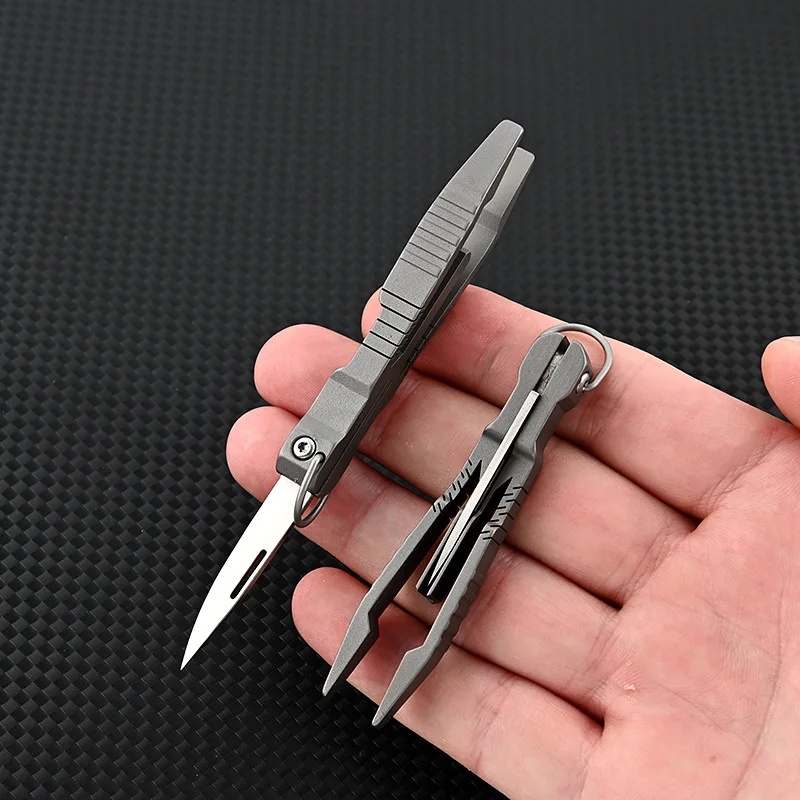 Titanium Alloy Tweezers With Knife D2 Steel Blade Outdoor EDC Portable Tool Flat Head Eyebrow Clip Repair Fixture Unpacking Tool