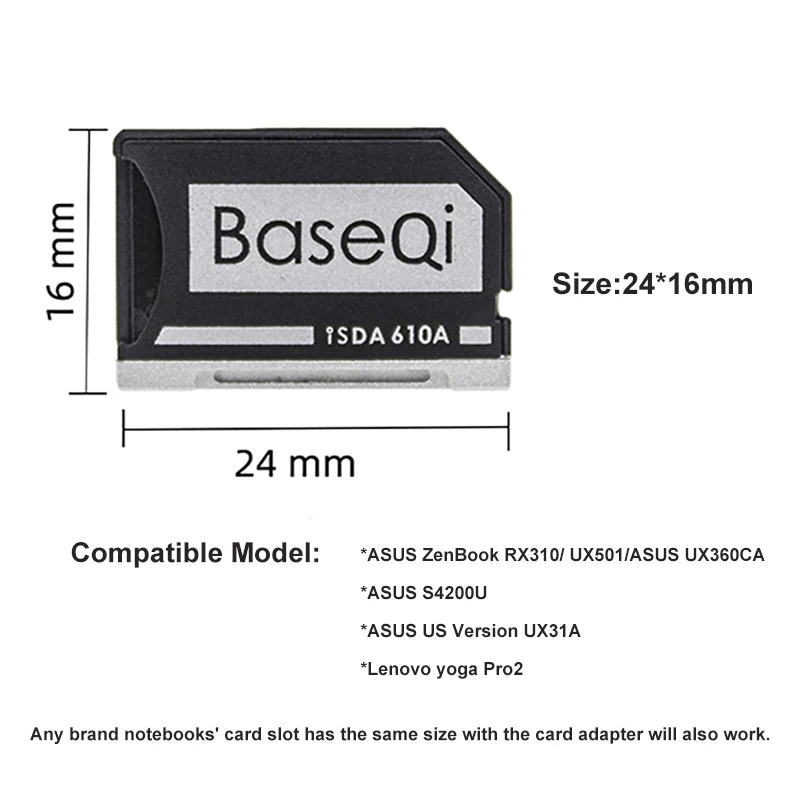 Imagem -02 - Baseqi para Asus Zenbook Aleta Ux360ca Alumínio Minidrive Micro Adaptador de Cartão sd 24x16 mm