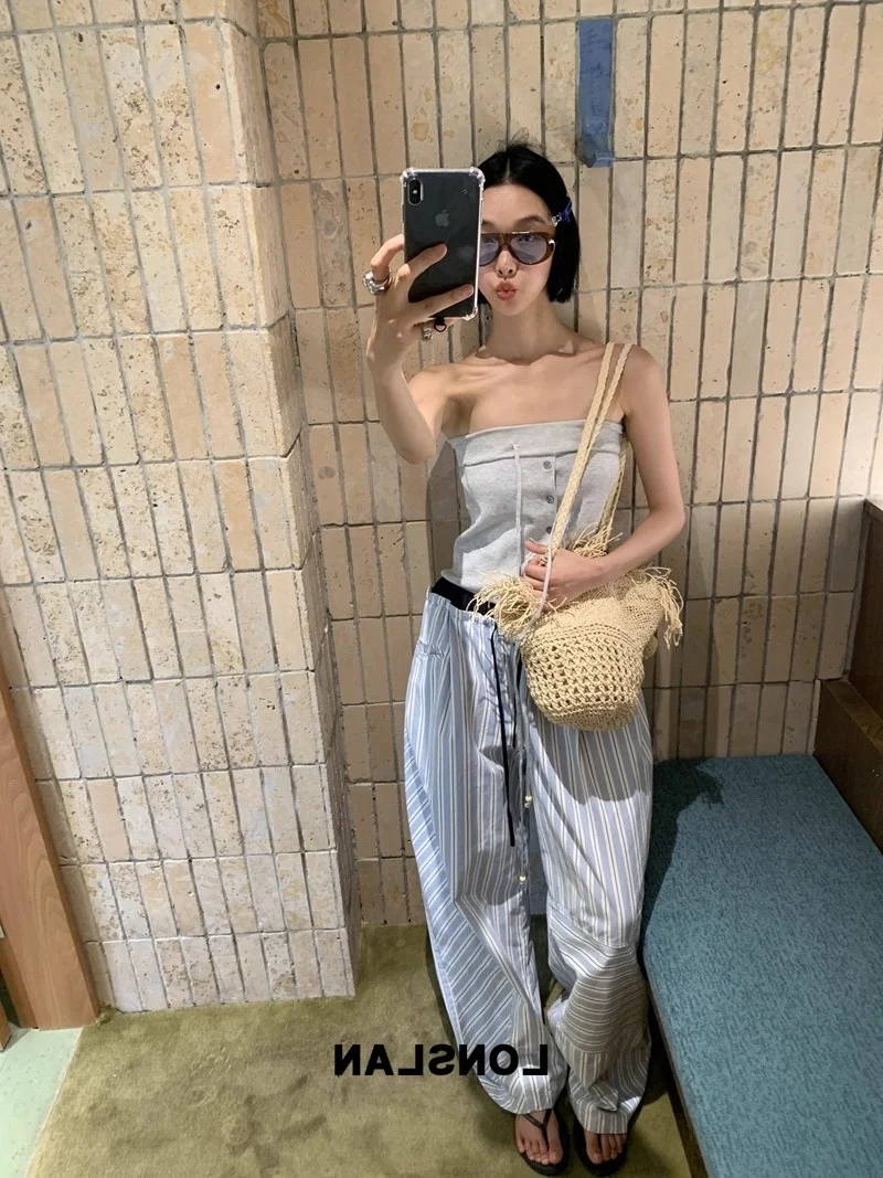 Blue Striped Wide Leg Pants Women's Summer 2025 New Dstring Elastic Waist Splicing Lazy Straight Casual Trousers